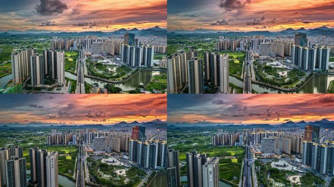 汕尾海丰三环路城市地标建筑日转夜航拍延时