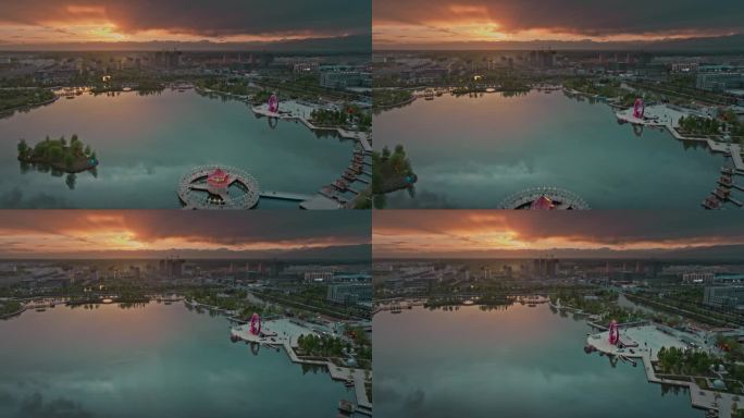 新疆阿克苏温宿夕阳龙泉湖公园航拍4K