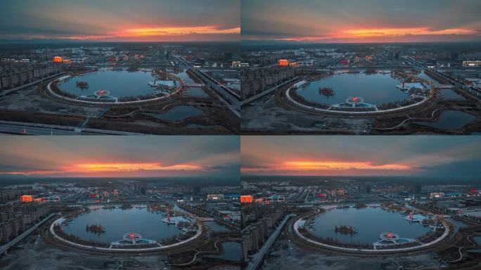 新疆阿克苏温宿夕阳龙泉湖公园航拍4K