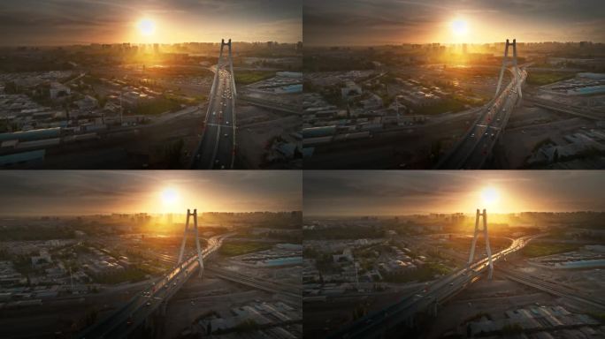 新疆阿克苏纺织大桥夕阳航拍4K