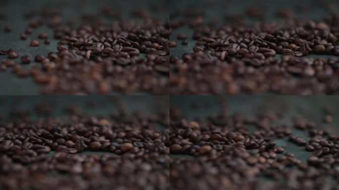 多莉右边的咖啡豆在深绿色的背景