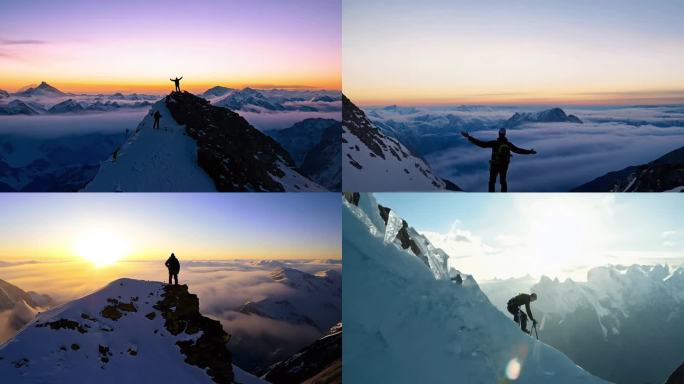 登山背影攀登雪山眺望远方