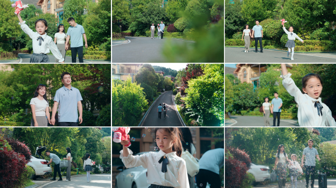 温馨家庭户外幸福一家人休闲散步陪伴孩子