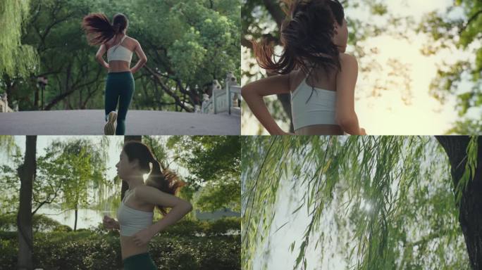 青春美女清晨湖边晨跑早锻炼跑步运动