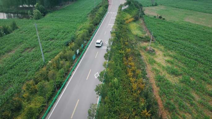 航拍SUV在微山湖景观路上行驶