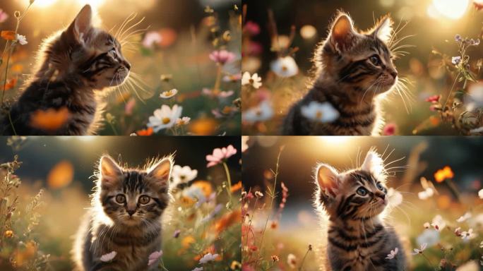 4K可爱的猫咪在花丛中走动，逆光
