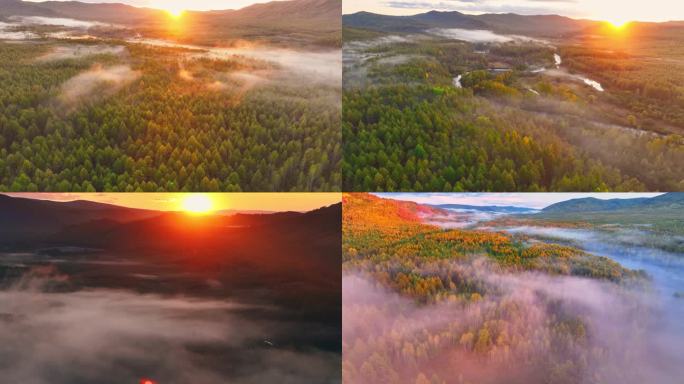 大兴安岭秋季森林日出日落云雾航拍