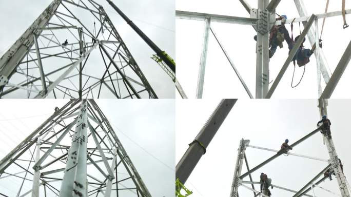 架设电力杆塔的高空作业工人