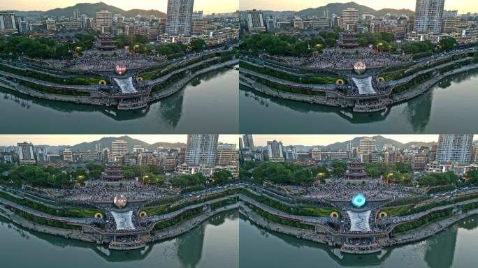 宜宾夹镜楼三江口日落环绕下降