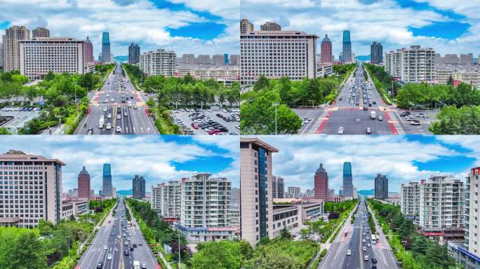 日照新市区蓝天白云车流航拍视频