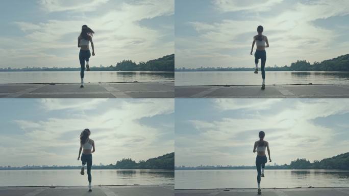 美女日出晨练早锻炼热身运动