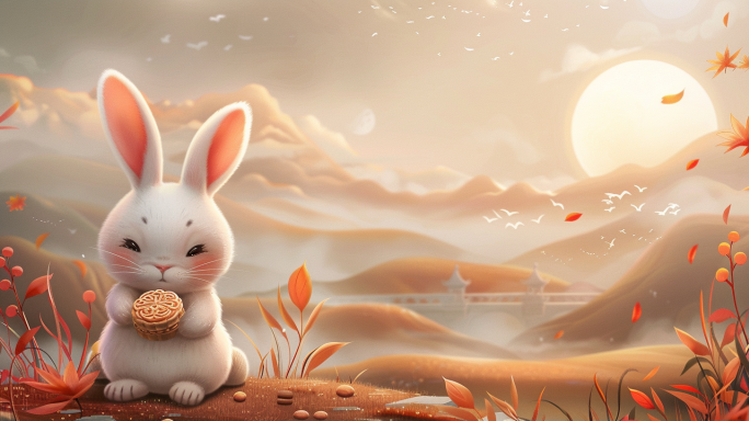 中秋节兔子吃月饼兔子抱着月饼中秋