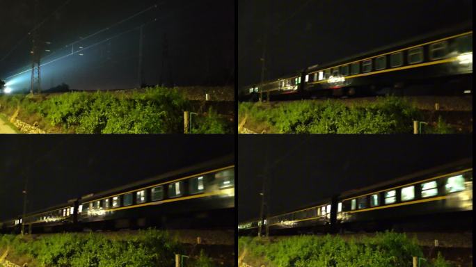 夜班绿皮火车经过野外