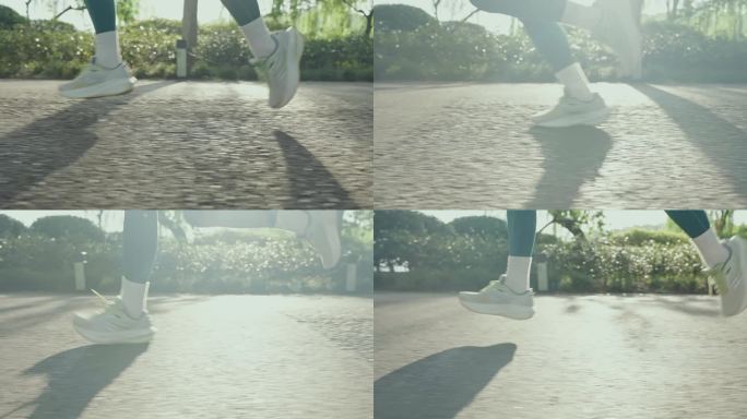 青春活力美女跑步脚步特写晨跑早锻炼晨练