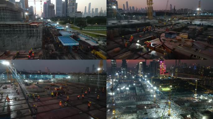 日落时分依旧繁忙的城市建筑工地