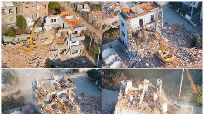 五组挖掘机拆房子慢动作