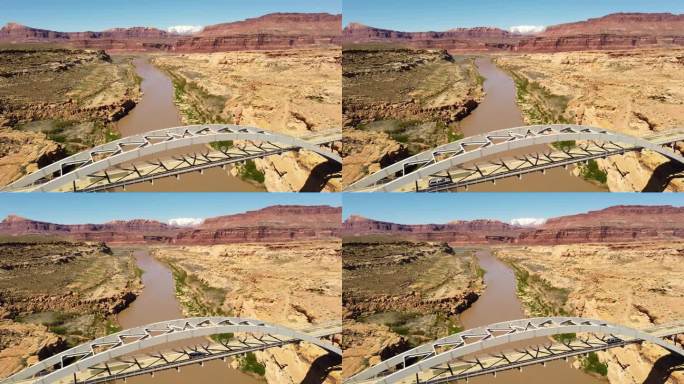 鸟瞰图科罗拉多河和犹他州95号公路，海特十字桥与风景秀丽的岩层，鲍威尔湖，犹他州。
