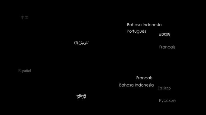 世界各国人民的语言名称在黑色背景的语言中混乱地移动。Cg