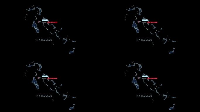 风格化巴哈马地图与拿骚首都和地理坐标在黑色背景。动态图形vfx数字动画