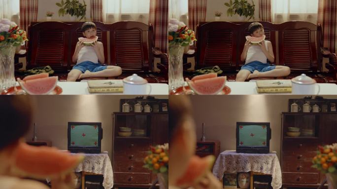 4K九十年代小孩吃西瓜看电视年代感怀旧