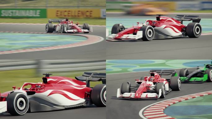 镜头放大，跟随领先的赛车在弯道上行驶