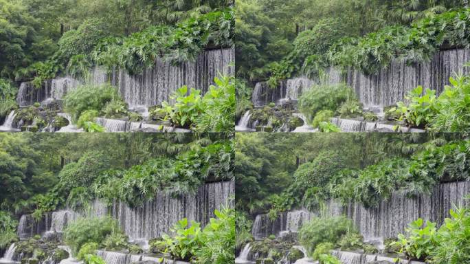 4K实拍广州老区街道景观假山流水瀑布小景