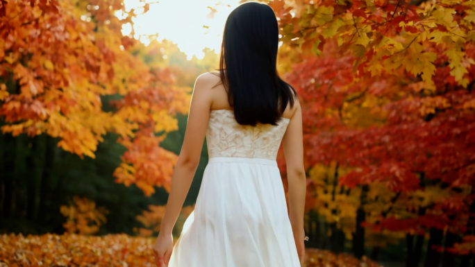 穿白裙子的女人在秋天的枫叶林