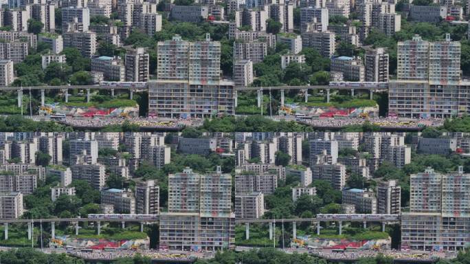 航拍重庆李子坝地铁轻轨穿楼嘉陵江两岸风光