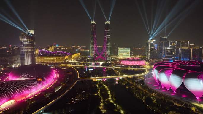 杭州奥体中心杭州之门夜晚夜景航拍亚运会体