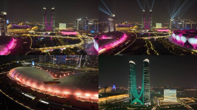 杭州奥体中心杭州之门夜晚夜景航拍亚运会体
