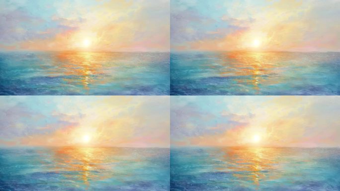 8K海边日出油画印象派莫奈舞台背景大屏