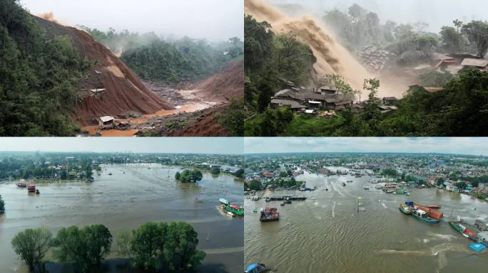 洪水 泥石流山洪泛滥洪水自然灾害素材合集