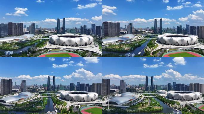 杭州奥体中心体育馆蓝天白云城市宣传片