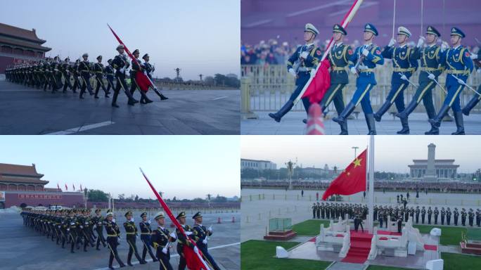 天安门最新升国旗仪式 三军护旗队升国旗