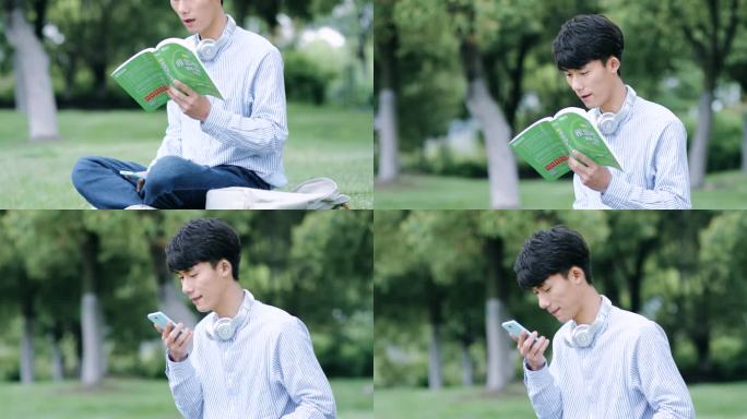 文艺男生草地上学习看书英语