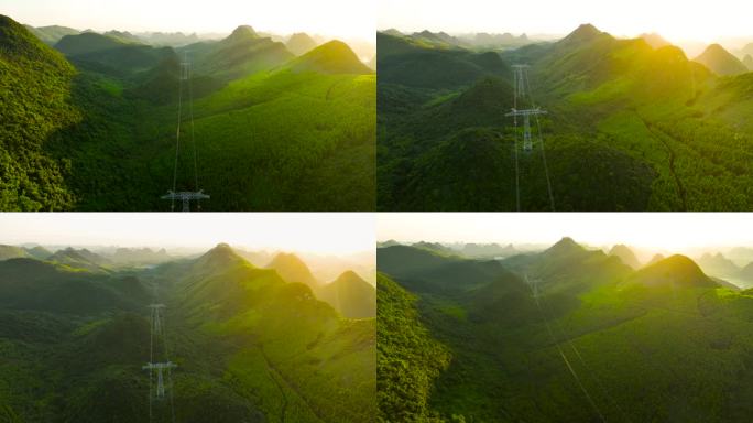航拍山区电力电塔高压线