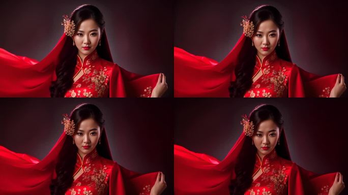 红色旗袍女人古典美女