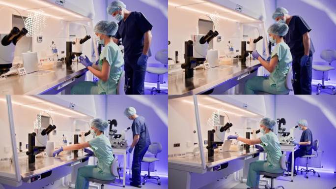 临床实验室工作人员在显微镜下检查样品。胚胎学家在实验室用显微镜对人类卵子进行人工受精。