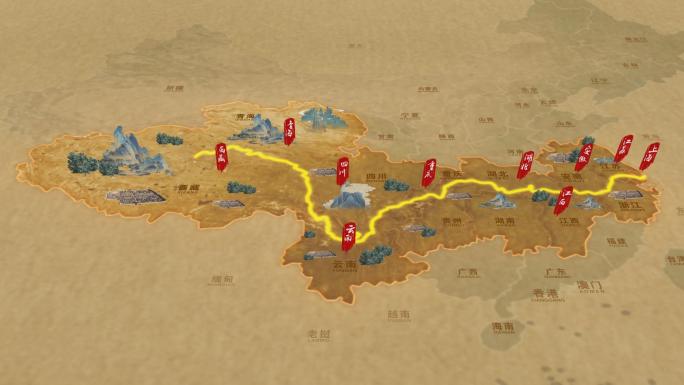 国风复古地图长江途经省AE模版