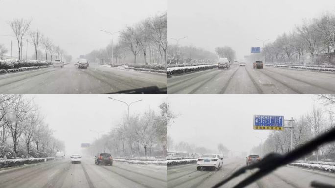 下雪天汽车行驶在路上第一视角