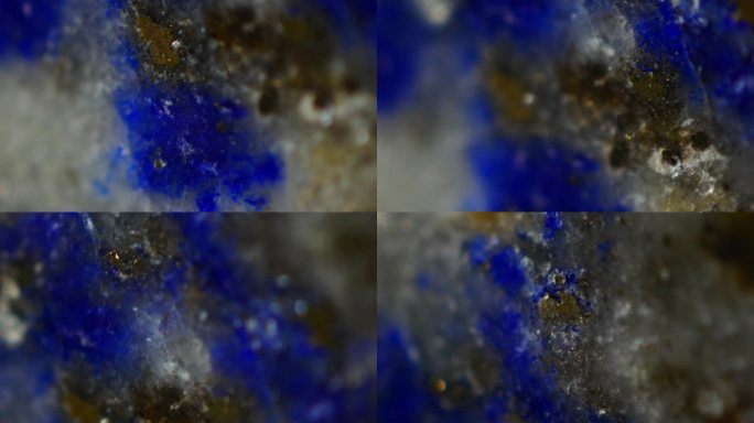 显微镜下的青金石:(Na,Ca)8(AlSiO4)6(SO4,S,Cl)2，深蓝色带金色斑点，自古以