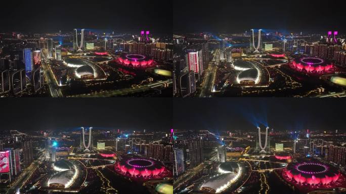 鸟瞰杭州奥体中心城市夜景