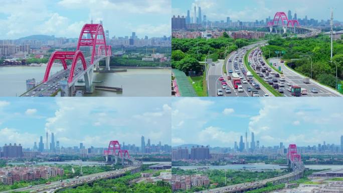 广州珠江沿线洛溪大桥与广州塔同框航拍