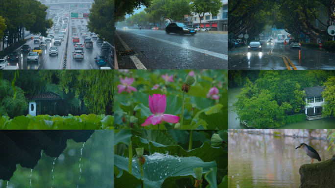 下雨城市交通雨天大雨暴雨高架桥园林雨水