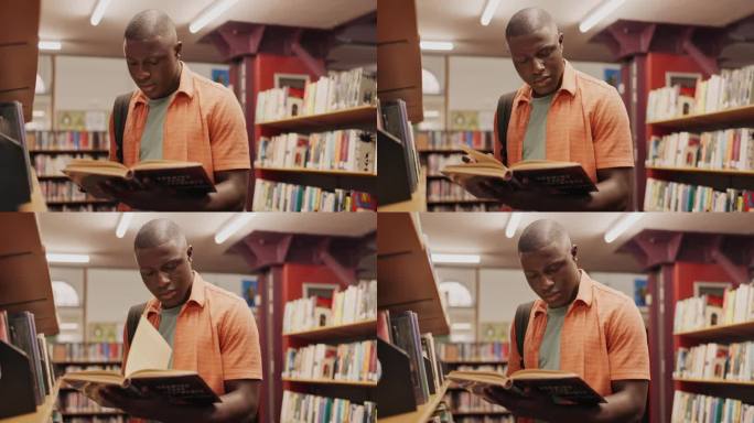 学生，黑人或在图书馆看书学习，文学研究或学习知识。z世代，小说或搜索学术信息奖学金或教育与背包