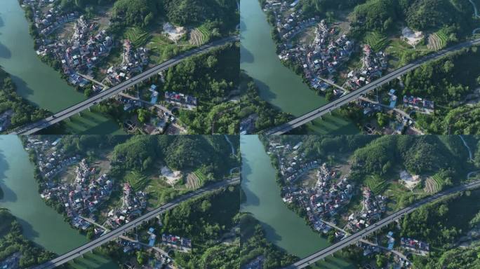 俯拍美丽乡村航拍山区农村公路青山绿水村庄