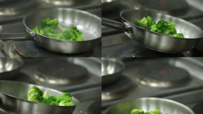一位酋长在烤架上烤西兰花，特写镜头，插入镜头