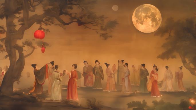 古画水墨画中秋氛围视频 AI