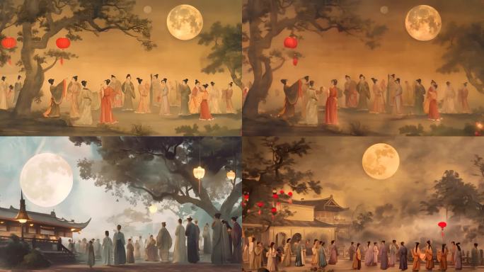 古画水墨画中秋氛围视频 AI