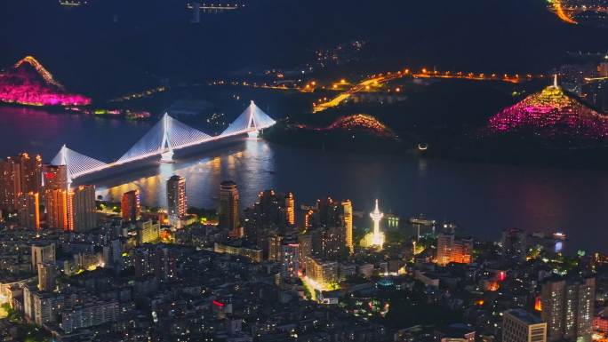 航拍湖北宜昌城市长江大桥夜景